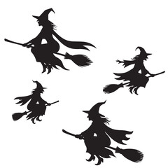 Witch on Broomstick Silhouette – Halloween Flying Witch Vector on White Background