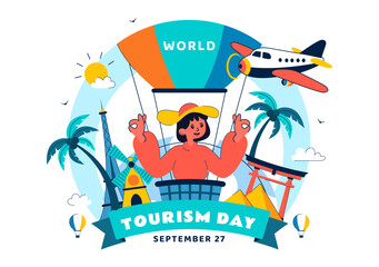 World Tourism Day Vector Illustration featuring a Globe, Famous Landmarks, Architectural Monuments, and National Statues in a Flat Background Design