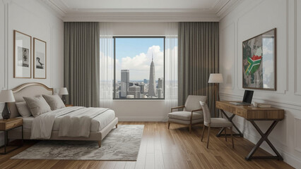 Fototapeta premium Modern Urban bedroom decor with city view