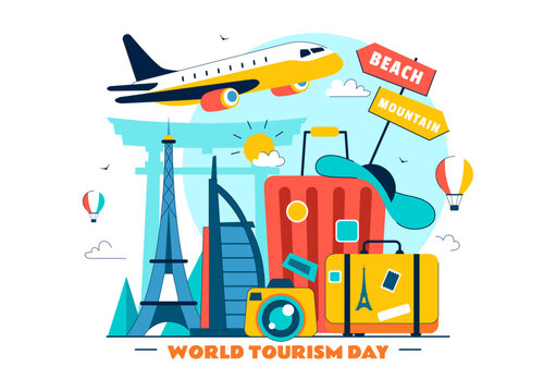 World Tourism Day Vector Illustration featuring a Globe, Famous Landmarks, Architectural Monuments, and National Statues in a Flat Background Design - Powered by Adobe