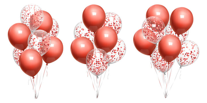 Balloon confetti bunch float, 3d red birthday gift mockup. String bound realistic vector element for invitation, round party icon set. Set of valentive celebrate carnival icons, bday helium ball set.