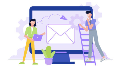 Two people collaborate on managing email on a large computer. Teamwork, office settings, technology, communication, digital organization concepts.