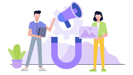 Digital marketing concept with people and a magnet; suitable for illustrating lead generation, customer acquisition, and online business strategies.