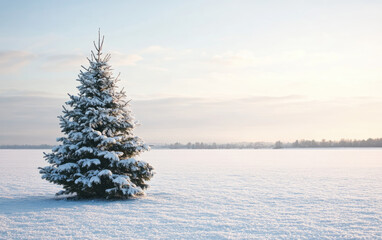 Snow-covered fir trees adorn a serene winter landscape, evoking the magic of Christmas with frost-kissed branches reaching towards a cold, blue sky