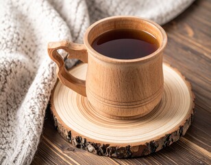 Wooden Cup of Tea on Wooden Coaster with Knitted Fabric