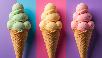 Three Scoops of Colorful Ice Cream in Waffle Cones