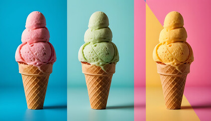 Three Scoops of Colorful Ice Cream Cones on Pastel Backgrounds