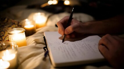 Person writing in a notebook by candlelight - Powered by Adobe