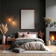 Moody Bedroom Interior Design Cozy Fireplace  Elegant Decor