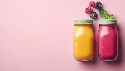 Two glass smoothie bottles, vibrant colors, and fresh berries on a pink background