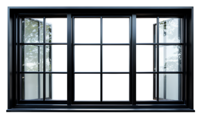 Sleek black window frame featuring six panes, white background