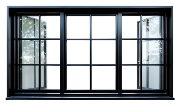 Sleek black window frame featuring six panes, white background
