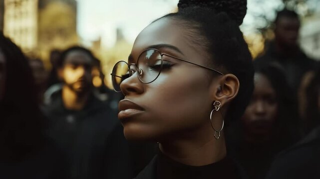 A person with glasses stands confidently in front of a crowd, exuding strength and determination during a demonstration.