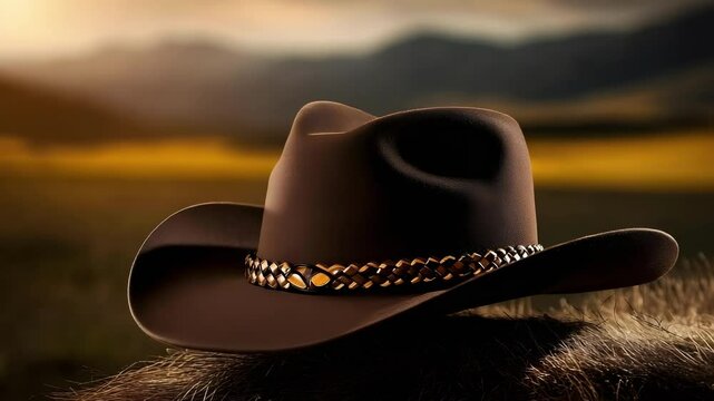 A cowboy hat resting on a textured surface, set against a blurred landscape, evoking a western theme.