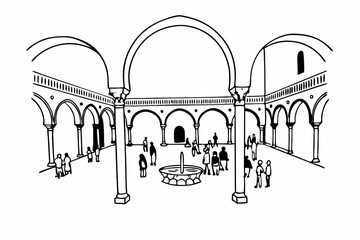 Maximalist Illustration of an Andalusian Courtyard with Vibrant Colors and Intricate Details