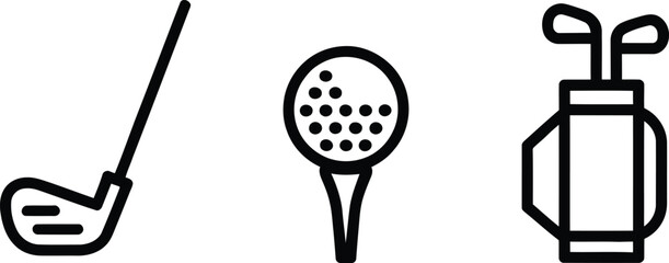 Golf Line Icons Featuring Golf Club, Tee Ball, and Golf Bag in Clean Minimal Outline Style for Sports and Leisure Themes