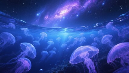 Naklejka premium Glowing Jellyfish in a Cosmic Ocean Underwater Scene