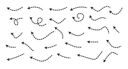 Curved dotted arrow. Collection of curved hand drawn arrows. Zigzag arrow stripes design with dotted lines.