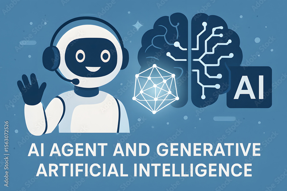 Poster ai agent and generative ai: a friendly ai agent with a headset waves, alongside a graphic depicting 