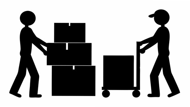 Two figures moving boxes one stacking and the other using a dolly in black and white silhouette style