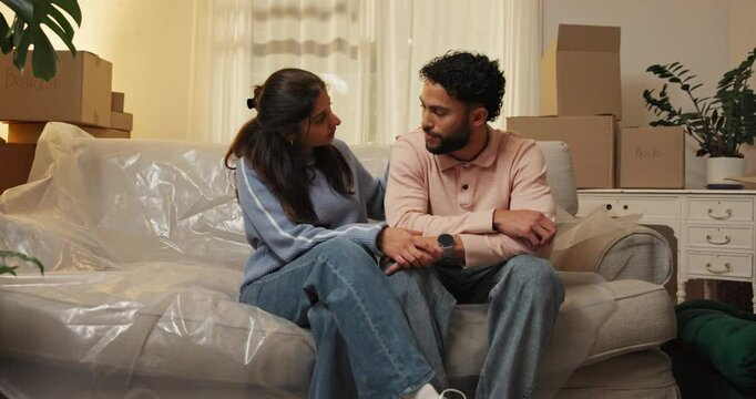 Couple, stress and support with boxes for eviction notice, move or home migration together. Man, woman and hug with financial crisis, trust or empathy for bankruptcy, mortgage or house repossession