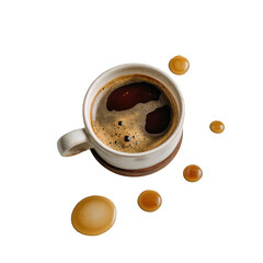 A cup of dark coffee with spills isolated on transparent background