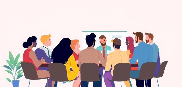 Flat vector illustration of diverse team collaborating on project brainstorming, colorful, modern design, design, development