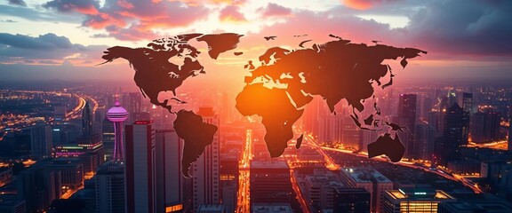 Futuristic world map profile icon on cityscape backdrop,  communication,  UX