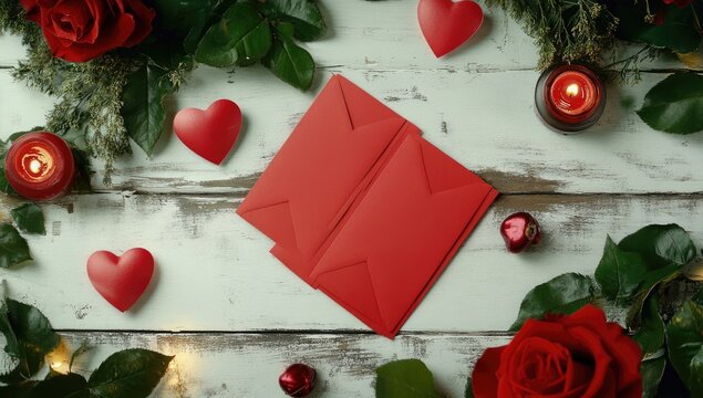 Red envelopes, hearts, roses, and candles on a light wooden background - Powered by Adobe