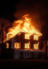 Fire emergency response residential area photo nighttime dramatic fire safety awareness