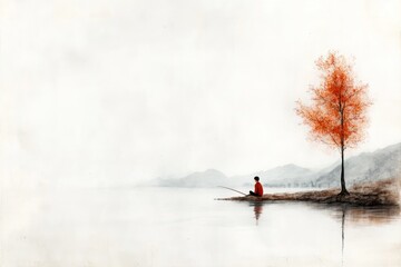 Fototapeta premium Child’s Drawing of Fisherman Sitting Calmly by the River