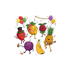 Naklejka premium Cute cartoon vegetables and fruits dancing with colourful party caps for healthy eating, kids menu, and fun designs