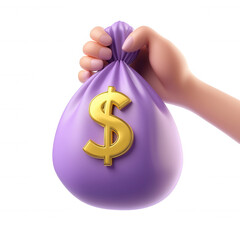 Cartoon hand gripping purple money bag featuring gold dollar sign, 3d icon rendering for financial graphics and applications
