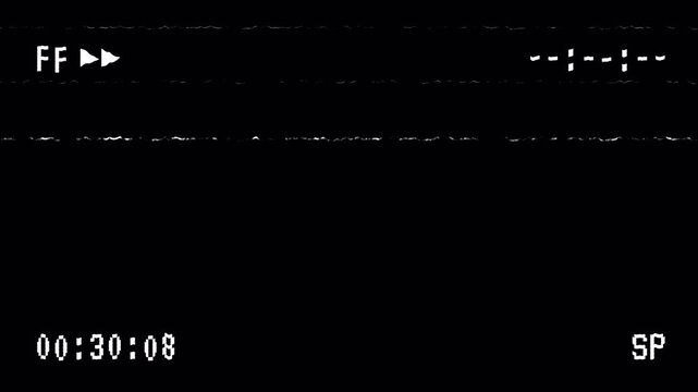 VHS video tape FF Fast Forward Overlay with Distorted and Timecode on Black background. 4K Video