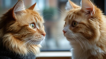 A woman and a ginger tabby cat engaged in an intense gaze by a sunlit window on a cozy day indoors