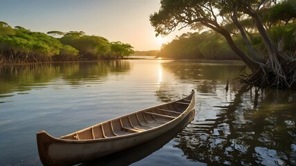 Canoe Floating in Mangrove Forest at Sunset with Warm Reflections