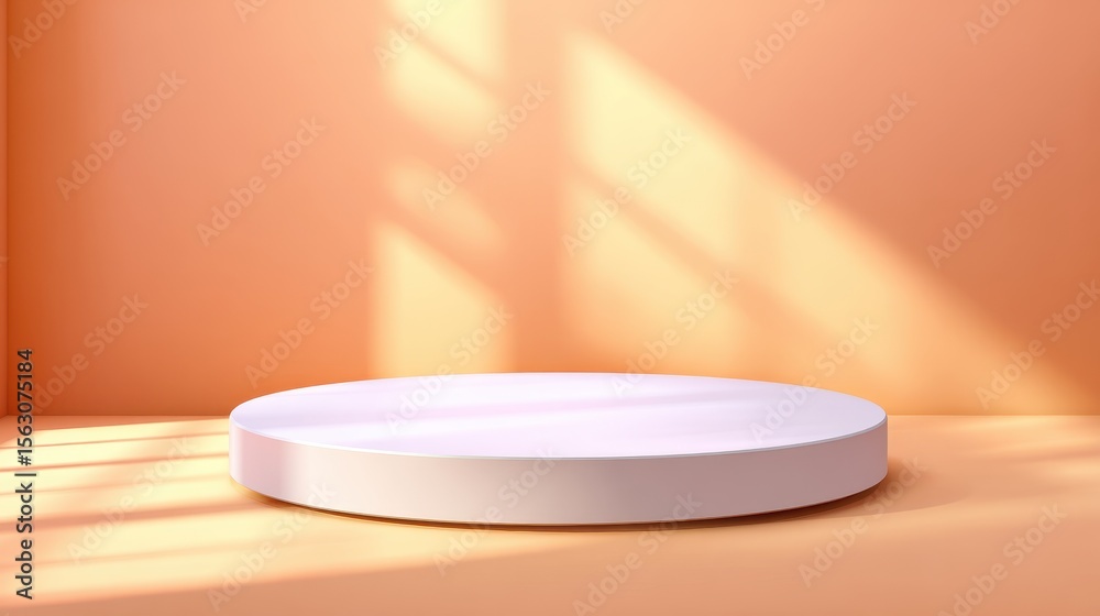 Poster minimalist round platform in softly lit peach room with shadows creating depth