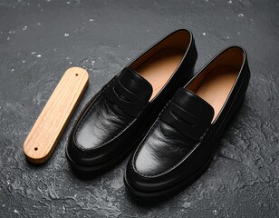 Black Men's Loafers with Wooden Shoe Horn on Dark Background