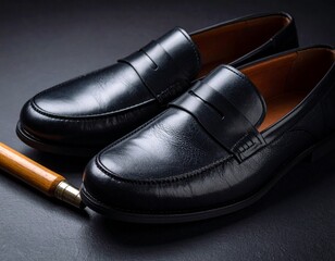 Black Men's Loafers with Wooden Shoe Horn on Dark Background