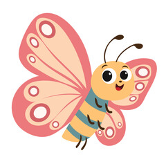 Cute Smiling Cartoon Butterfly. Butterfly Isolated on White Background. Hand Drawn Vector Art.