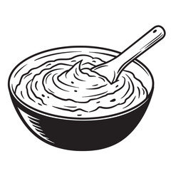 Black and white illustration of a bowl filled with creamy dip and a wooden spoon
