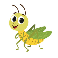 Cute Smiling Cartoon Grasshopper. Grasshopper Isolated on White Background. Hand Drawn Vector Art.