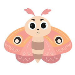 Cute Smiling Cartoon Moth. Moth Isolated on White Background. Hand Drawn Vector Art.
