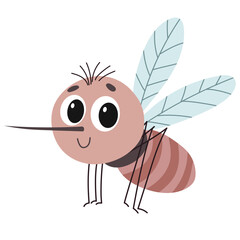 Cute Smiling Cartoon Mosquito. Mosquito Isolated on White Background. Hand Drawn Vector Art.