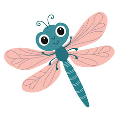 Cute Smiling Cartoon Dragonfly. Dragonfly Isolated on White Background. Hand Drawn Vector Art.