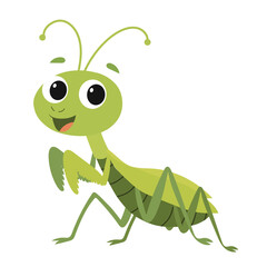 Cute Smiling Cartoon Mantis. Mantis Isolated on White Background. Hand Drawn Vector Art.