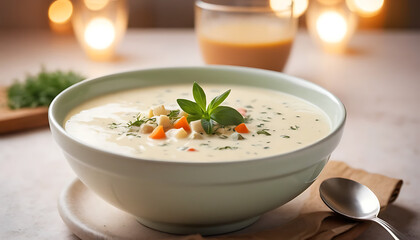 Creamy Chicken and Vegetable Soup in a Rustic Bowl