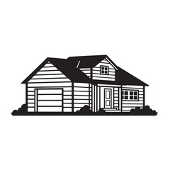 Black and white illustration of a cozy modern house featuring a garage and dormer window