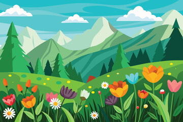 Fototapeta premium flower field with green mountain spring landscape