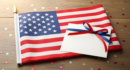 American Flag with Gift Card and Ribbons on Wooden Surface